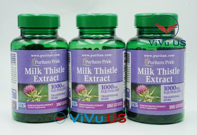 Cận cảnh chai Viên uống bổ gan Milk Thistle Extractitan’s Puritan’s Pride 1000mg 180 viên trên nền trắng