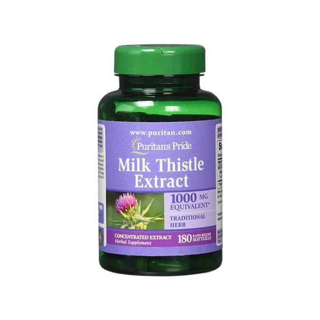 Hình ảnh sản phẩm Milk Thistle Extractitan’s Puritan’s Pride 1000mg 180 viên đặt nghiêng thể hiện thiết kế chai
