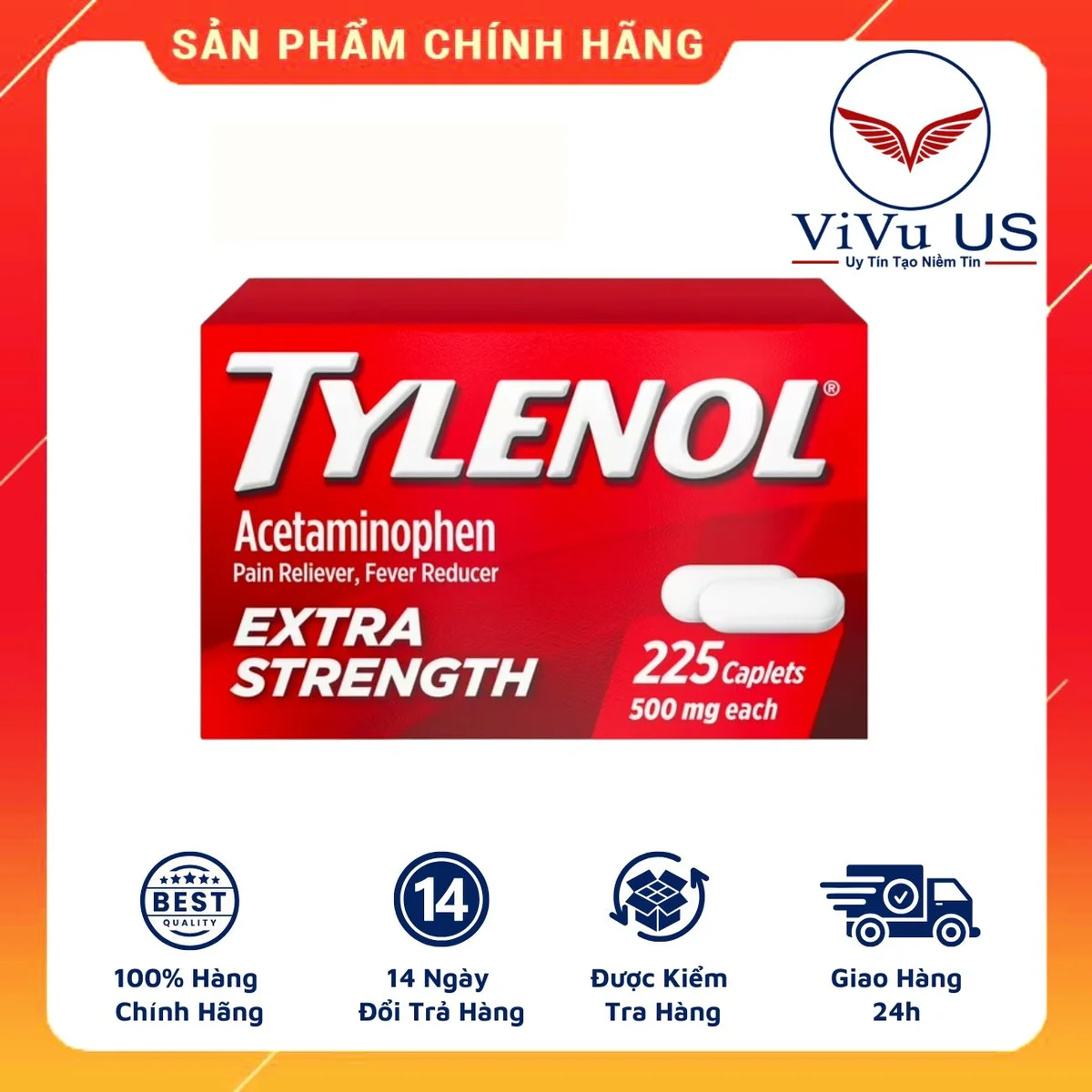 Hộp viên uống giảm đau hạ sốt Tylenol Extra Strength 500mg 225 viên nhập từ Mỹ