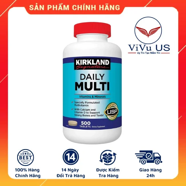 Hình ảnh tổng quan Viên Uống Vitamin Tổng Hợp Daily Multi Kirkland dạng chai 500 viên