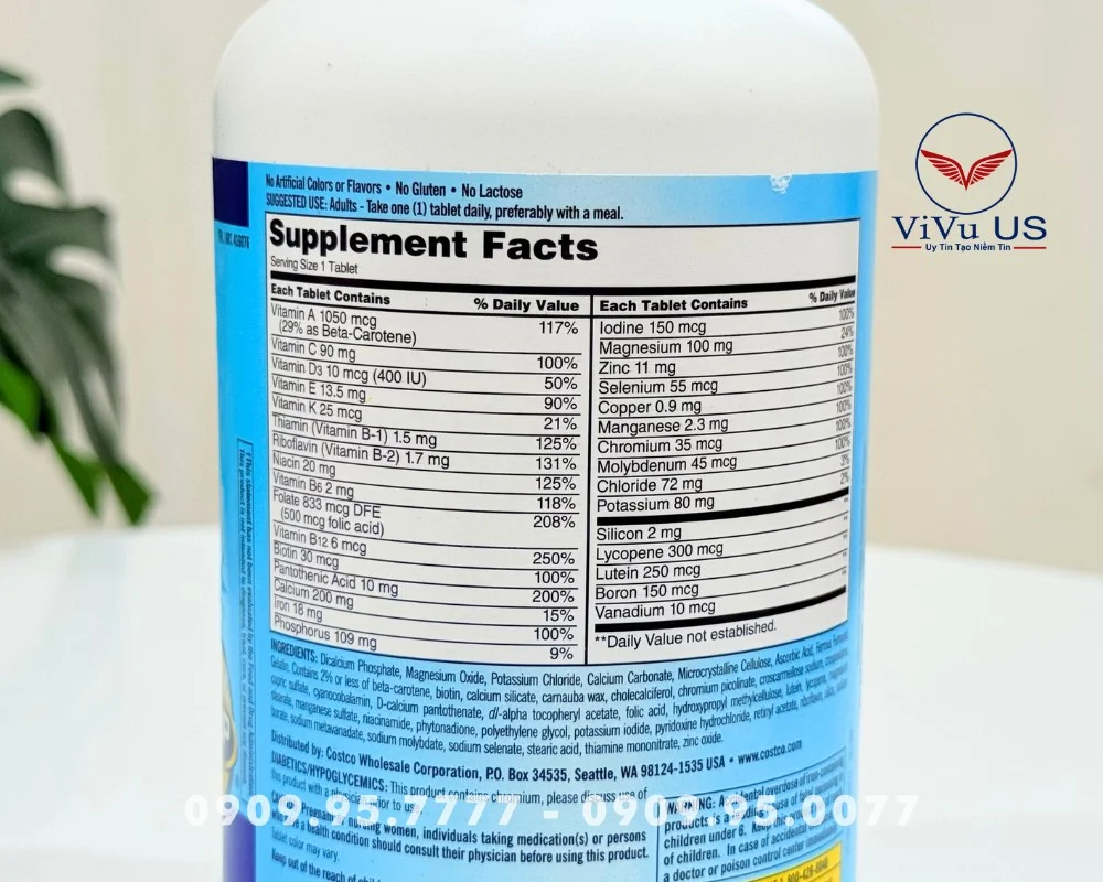 Hình ảnh thành phần trên nhãn Viên Uống Vitamin Tổng Hợp Daily Multi Kirkland của Mỹ